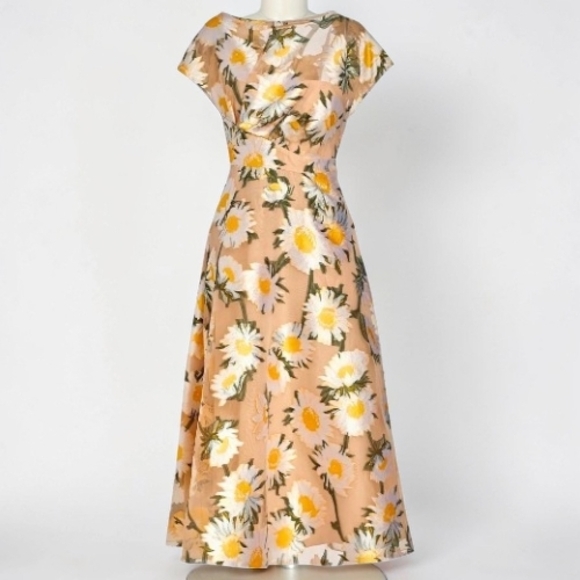 Lela Rose Sunflower Print Beige Midi Dress Boatneck Draped Bodice MSRP $1890 NWT - Picture 2 of 15